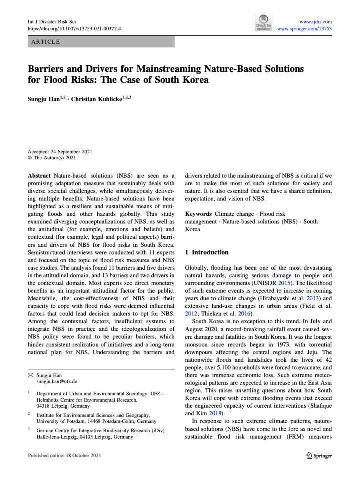 Coverpage of "Barriers and drivers for mainstreaming nature-based solutions for flood risks: The case of South Korea"