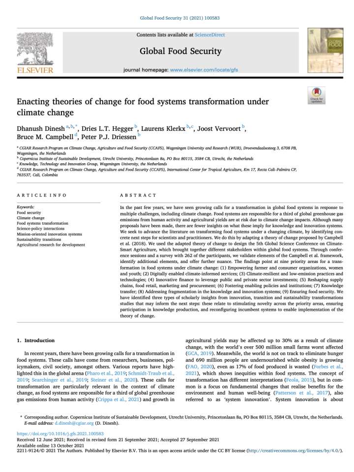 Coverpage of "Enacting theories of change for food systems transformation under climate change"