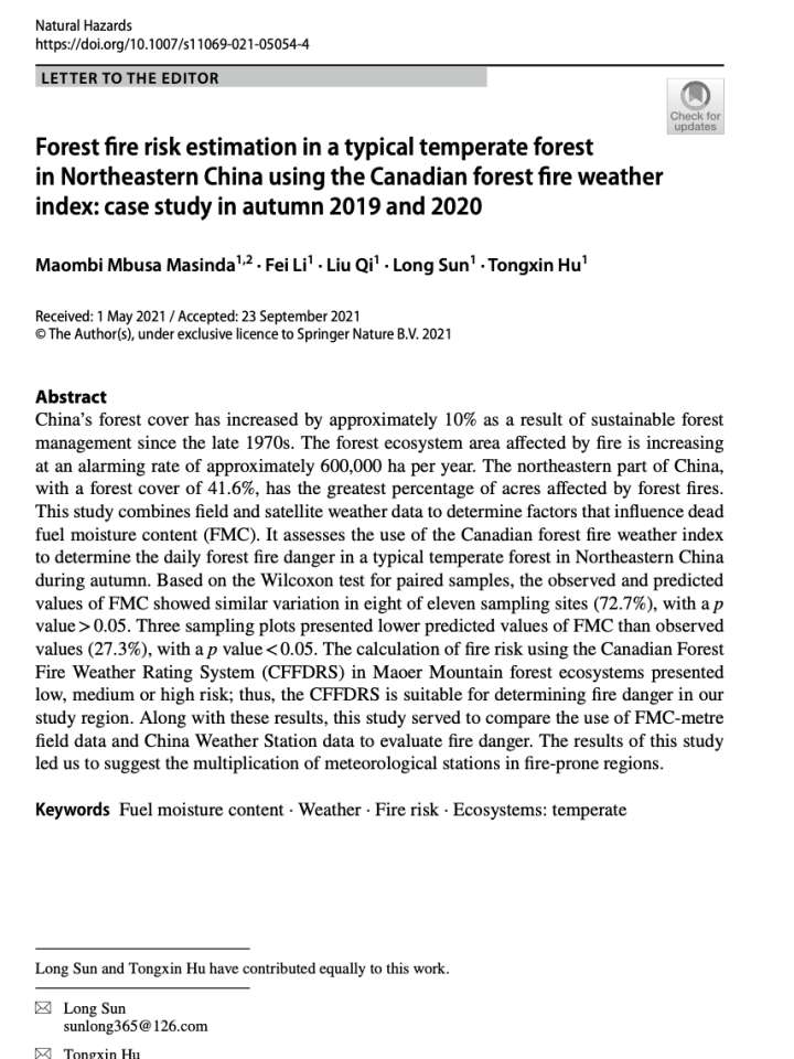 Forest fire risk estimation in a typical temperate forest in Northeastern China using the Canadian forest fire weather index: Case study in autumn 2019 and 2020