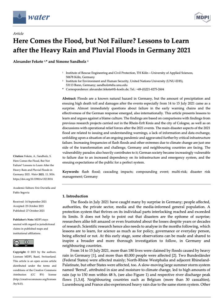 This image shows the first page of the publication "Here comes the flood, but not failure? Lessons to learn after the heavy rain and pluvial floods in Germany 2021"