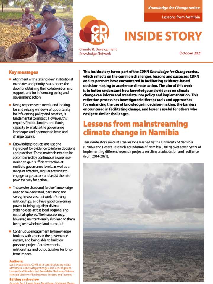 Coverpage of "Lessons from mainstreaming climate change in Namibia"