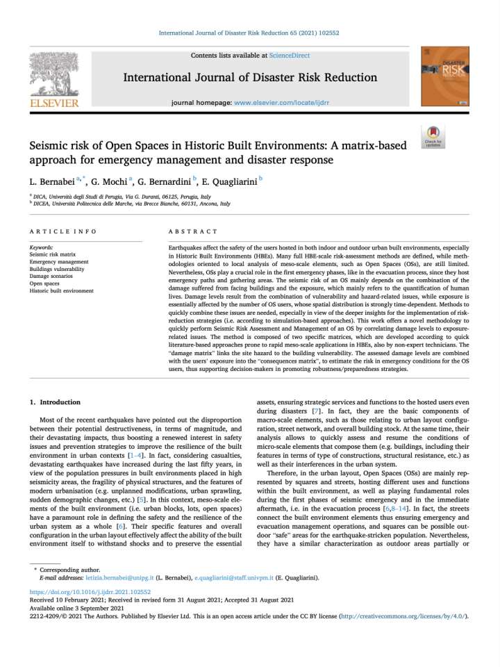 Coverpage of "Seismic risk of open spaces in historic built environments: A matrix-based approach for emergency management and disaster response"