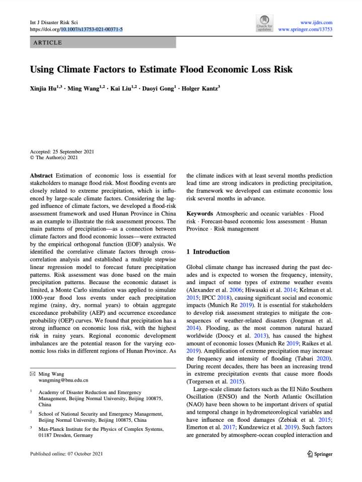 Coverpage of "Using climate factors to estimate flood economic loss risk"