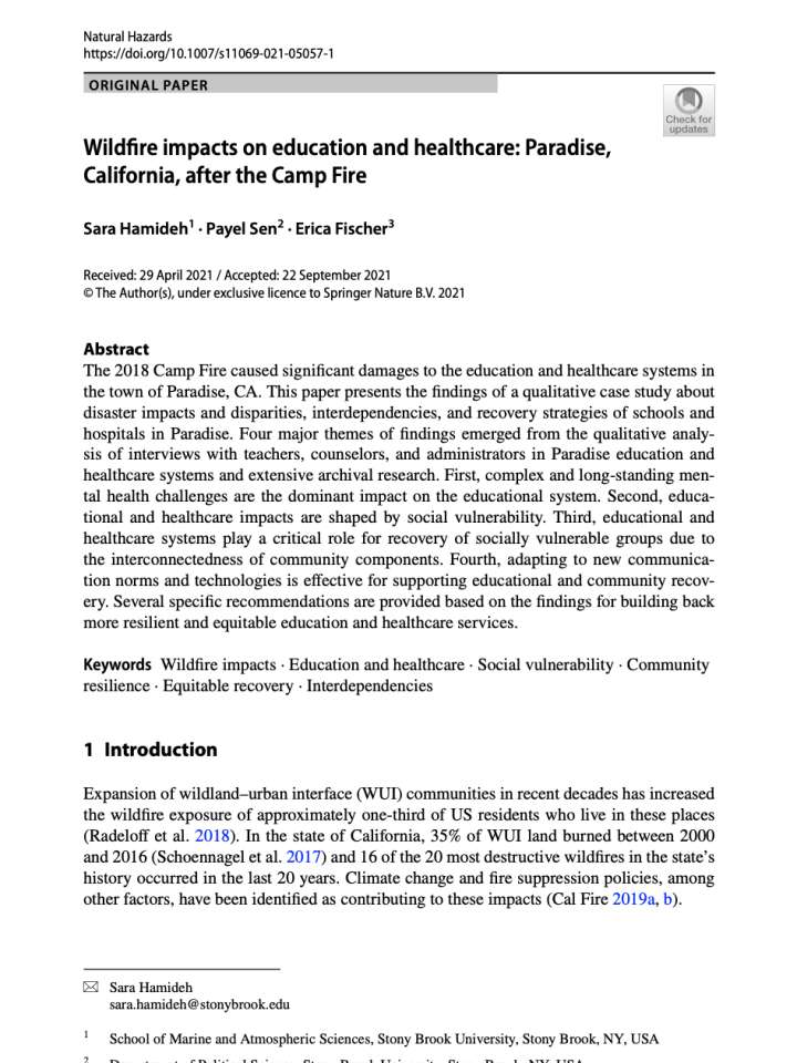 Coverpage of "Wildfire impacts on education and healthcare: Paradise, California, after the Camp Fire"