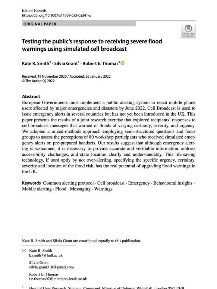 Cover: Testing the public’s response to receiving severe flood warnings using simulated cell broadcast
