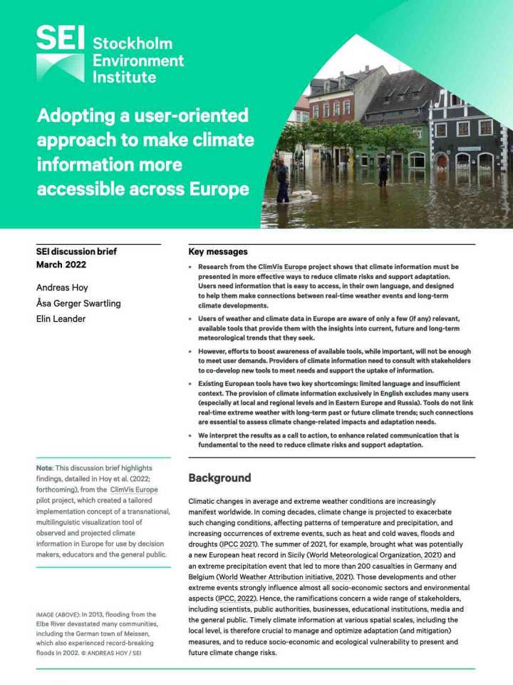 Cover page of SEI's brief on user-oriented climate information