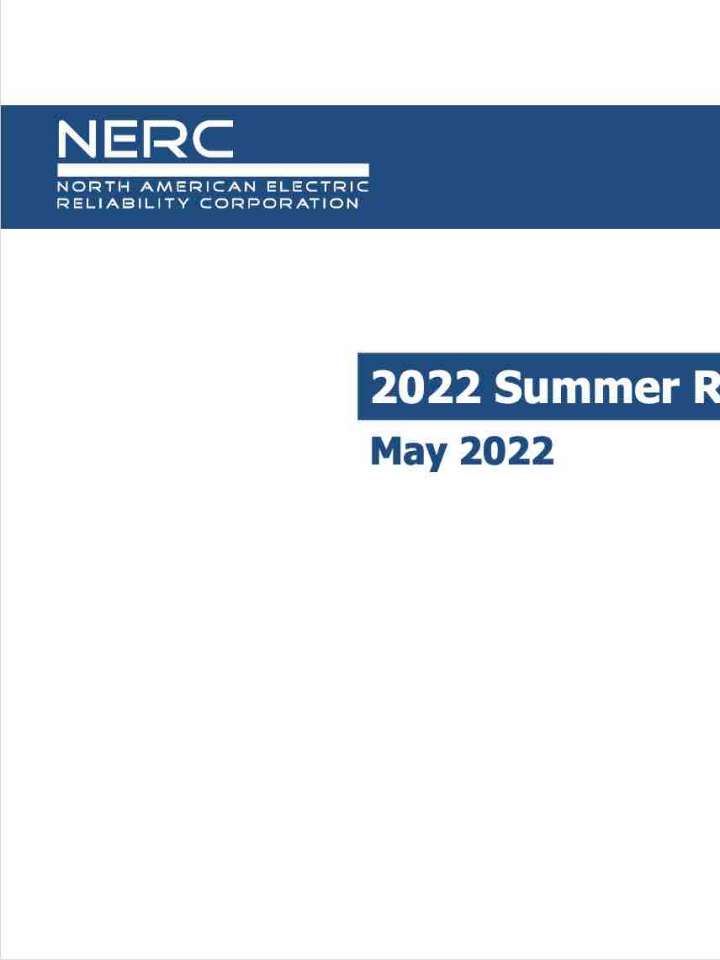Cover of the NERC 2022 Summer Reliability Assessment