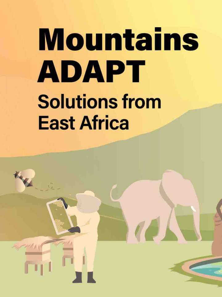 Cover of the booklet: stylized animals and working people in a mountain setting