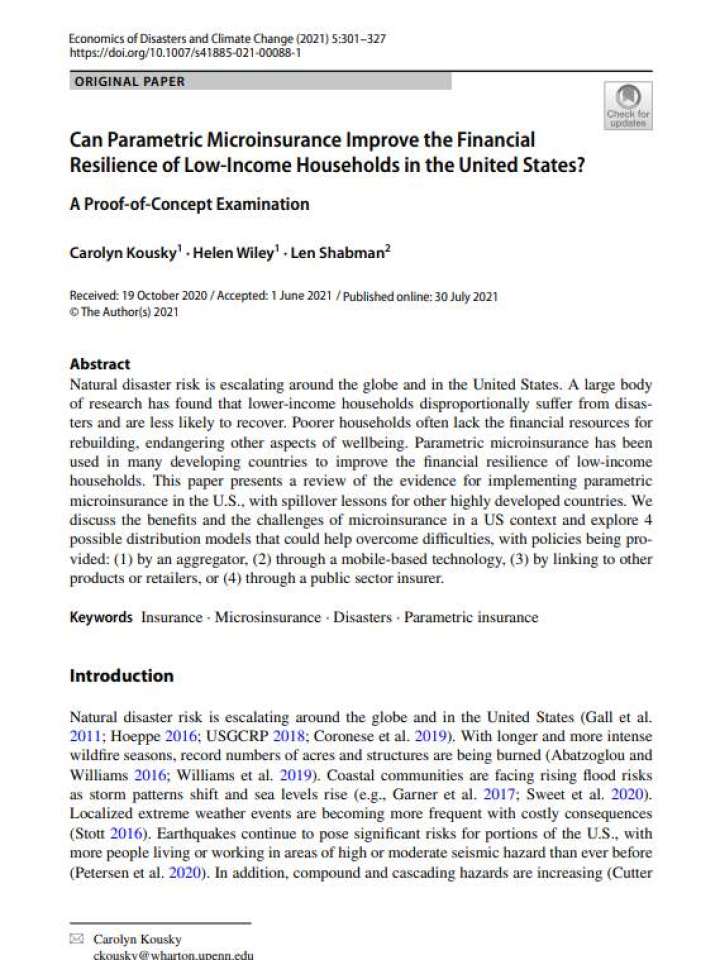  lower-income households disproportionally sufer from disasters and are less likely to recover. Poorer households often lack the fnancial resources for rebuilding, endangering other aspects of wellbeing. Parametric microinsurance has been used in many developing countries to improve the financial resilience of low-income households.