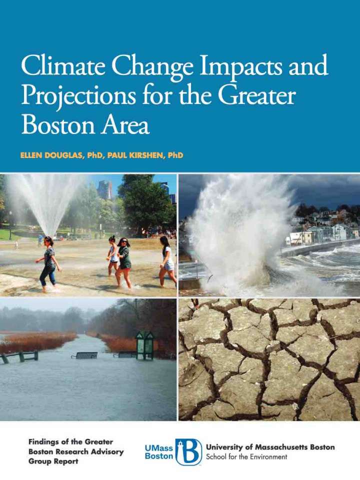Cover of the report: people playing in a fountain, storm surge hitting coast, flooded street, dried soil