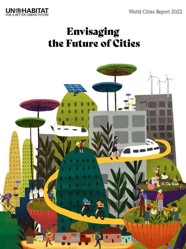 Cover of the report: painting of a futuristic, sustainable city