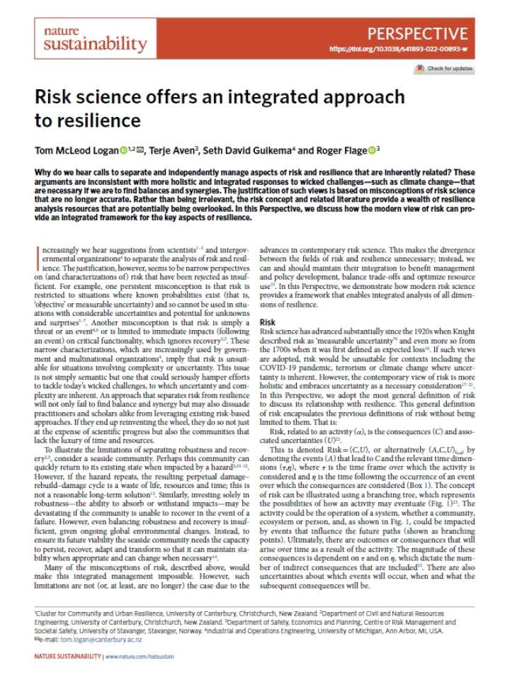 Risk science offers an integrated approach to resilience