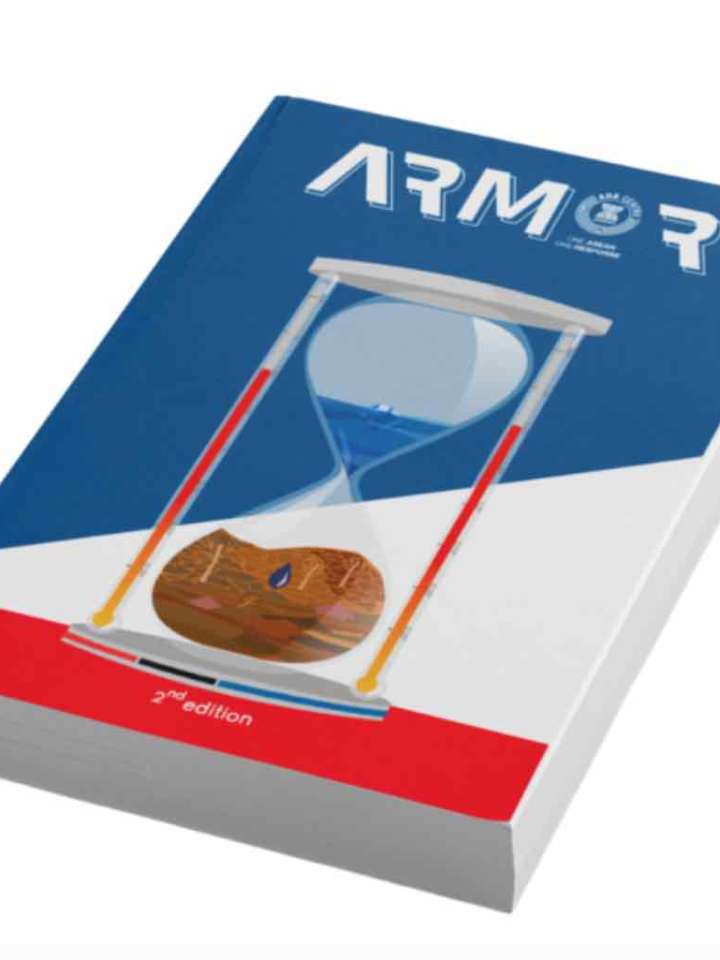 Cover of the second ARMOR report: hourglass filled with water and soil