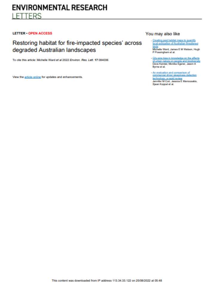Restoring habitat for fire-impacted species’ across degraded Australian landscapes