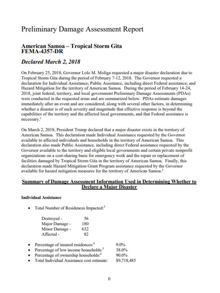 Preliminary Damage Assessment Report  American Samoa – Tropical Storm Gita