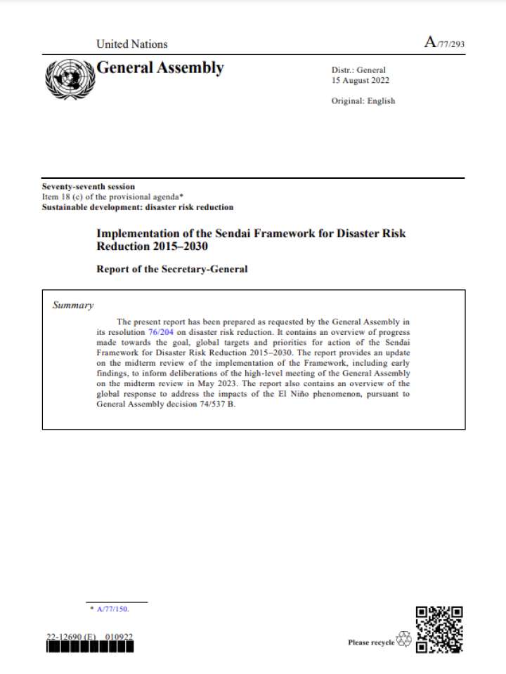 Implementation of the Sendai Framework for Disaster Risk Reduction 2015–2030