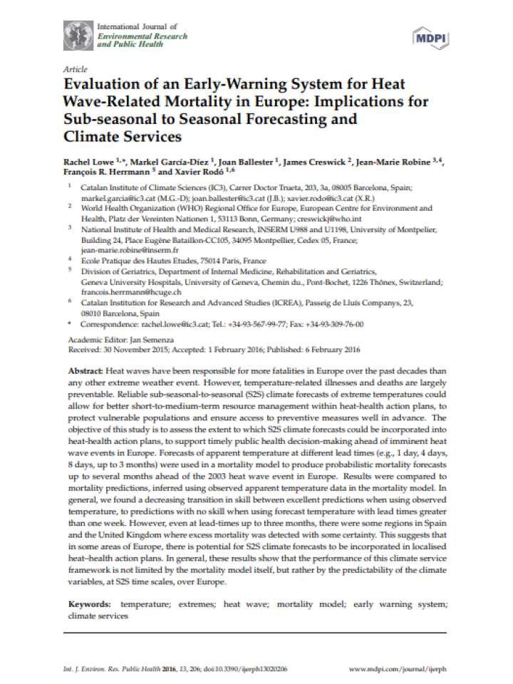 Cover of Evaluation of an early-warning system for heat wave-related mortality in Europe: Implications for sub-seasonal to seasonal forecasting and climate services