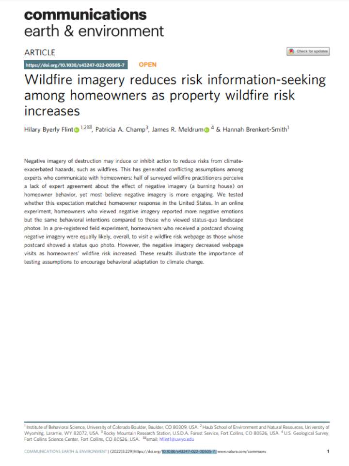 Cover of Wildfire imagery reduces risk information-seeking among homeowners as property wildfire risk increases