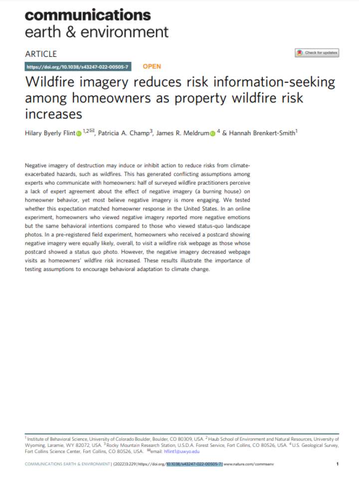 Cover of Wildfire imagery reduces risk information-seeking among homeowners as property wildfire risk increases