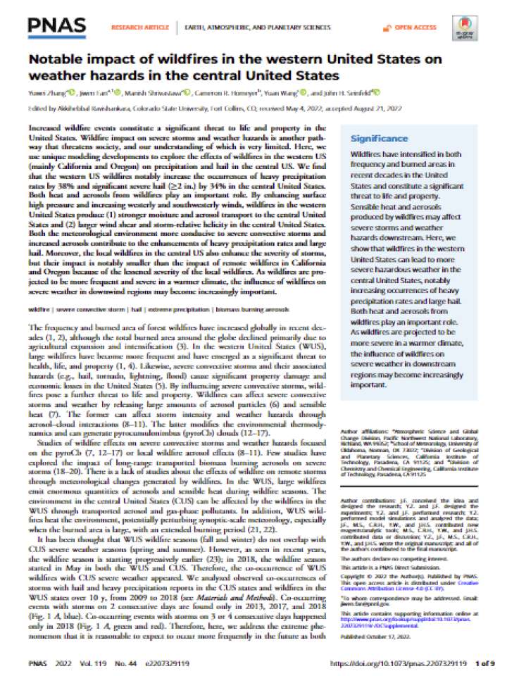 Notable impact of wildfires in the western United States on weather hazards in the central United States
