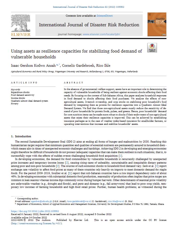 Using assets as resilience capacities for stabilizing food demand of vulnerable households