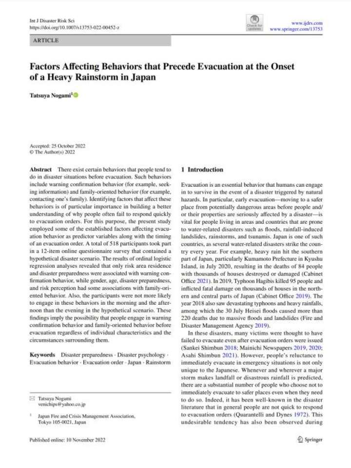 Factors affecting behaviors that precede evacuation at the onset of a heavy rainstorm in Japan