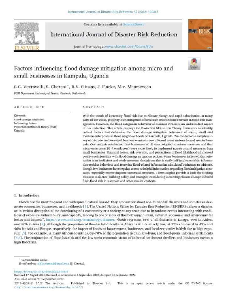 Factors influencing flood damage mitigation among micro and small businesses in Kampala, Uganda