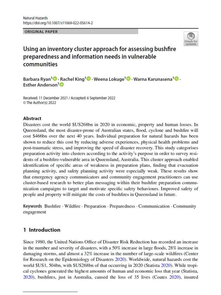 Using an inventory cluster approach for assessing bushfire preparedness and information needs in vulnerable communities