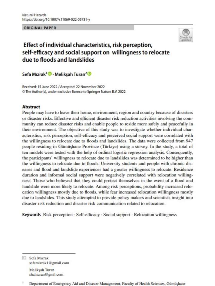 Effect of individual characteristics, risk perception, self-efficacy and social support on willingness to relocate due to floods and landslides