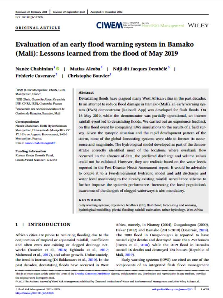 Cover of Evaluation of an early flood warning system in Bamako(Mali): Lessons learned from the flood of May 2019