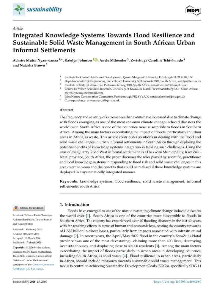 Integrated knowledge systems towards flood resilience and sustainable solid waste management in south african urban informal settlements thumbnail