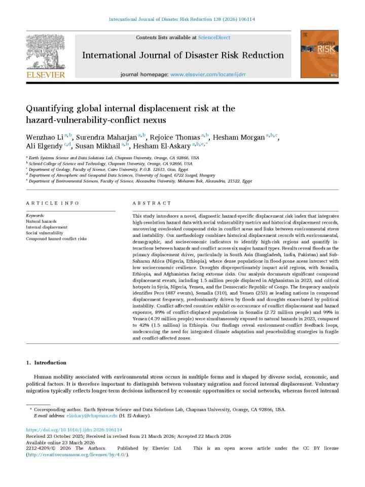 Quantifying global internal displacement risk at the hazard-vulnerability-conflict nexus thumbnail