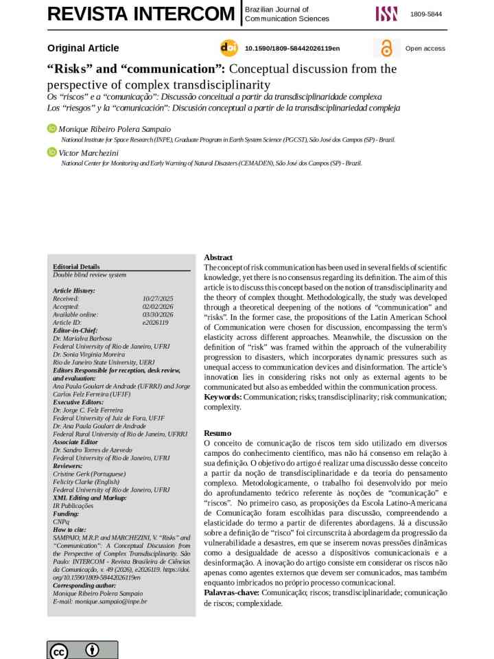 “Risks” and “communication”: conceptual discussion from the perspective of complex transdisciplinarity thumbnail