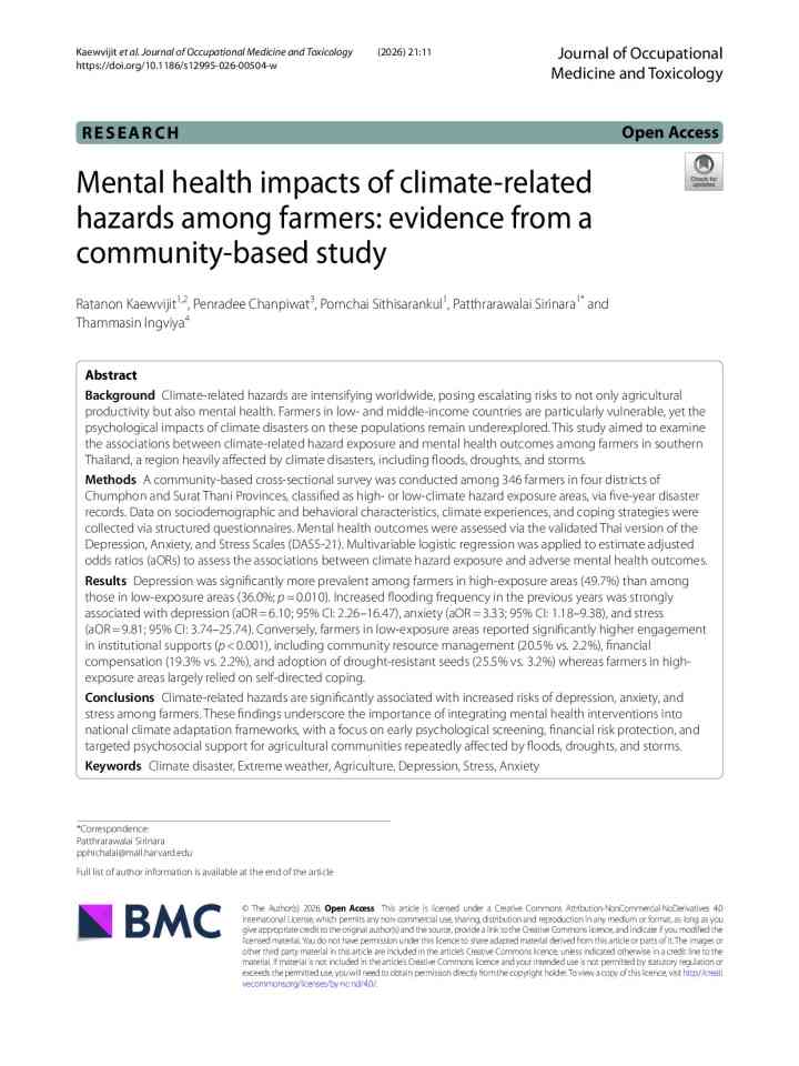 Mental health impacts of climate-related hazards among farmers: evidence from a community-based study thumbnail