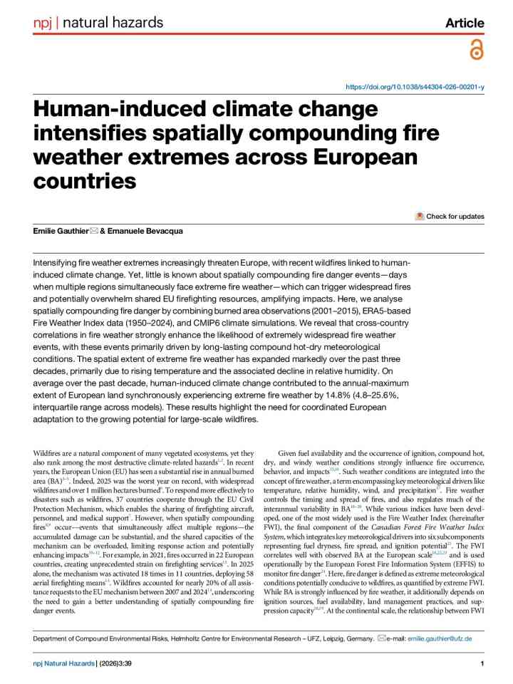 Human-induced climate change intensifies spatially compounding fire weather extremes across European countries thumbnail