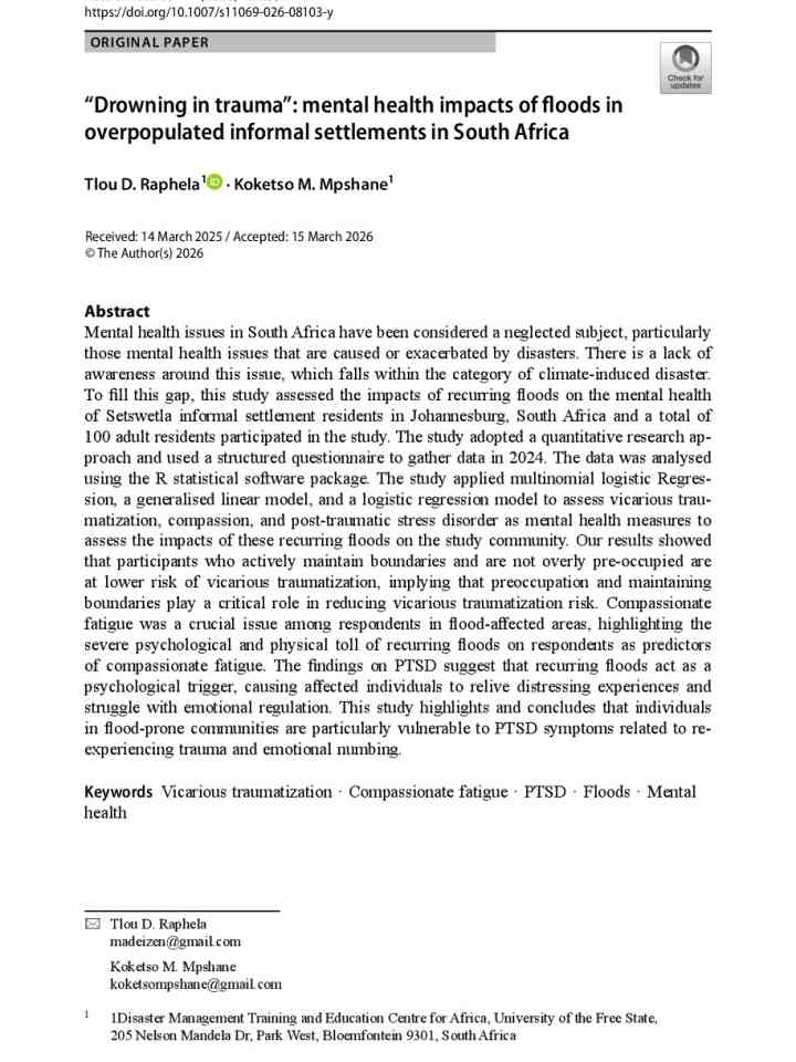 “Drowning in trauma”: mental health impacts of floods in overpopulated informal settlements in South Africa thumbnail