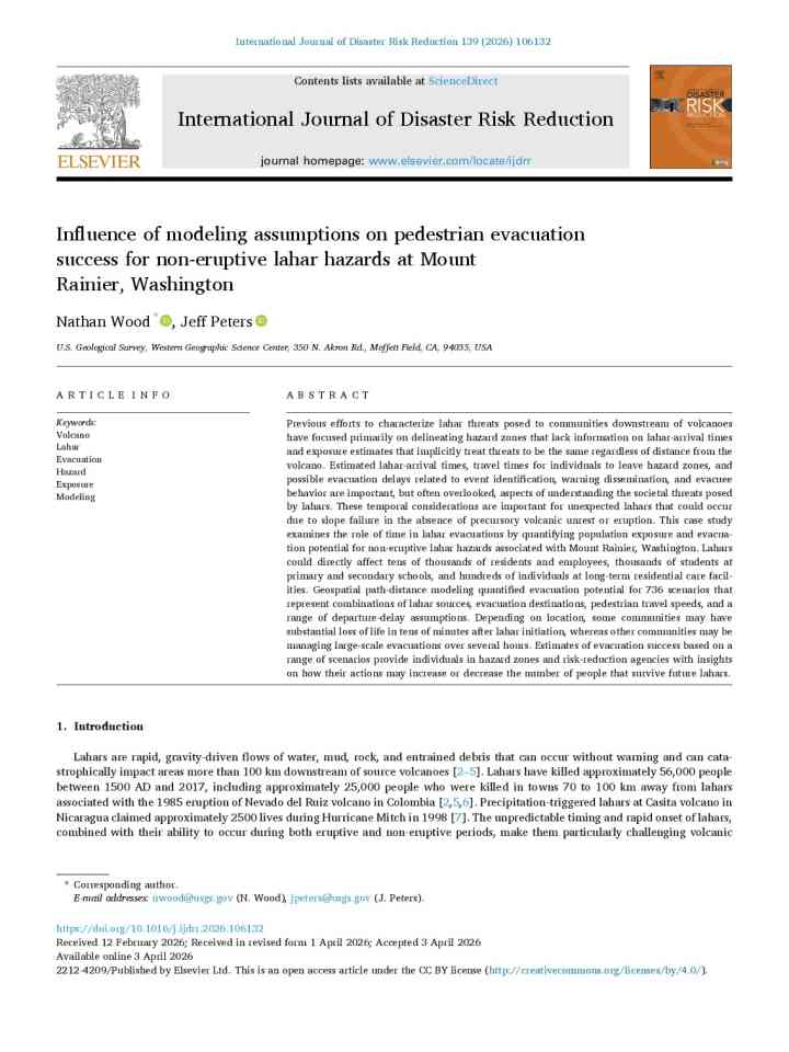 Influence of modeling assumptions on pedestrian evacuation success for non-eruptive lahar hazards at Mount Rainier, Washington thumbnail