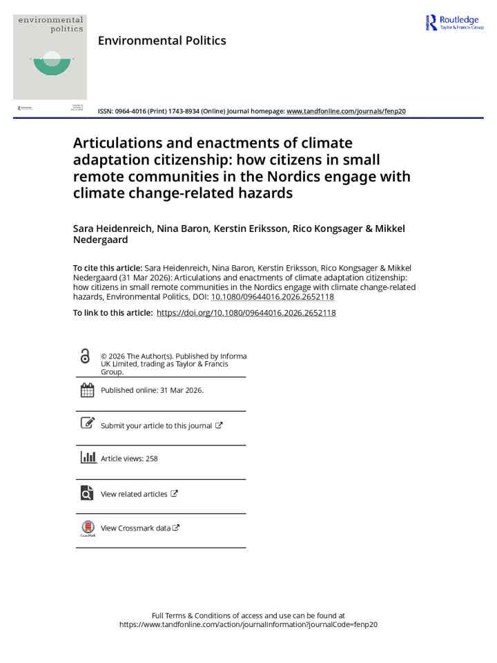 Articulations and enactments of climate adaptation citizenship: how citizens in small remote communities in the Nordics engage with climate change-related hazards thumbnail