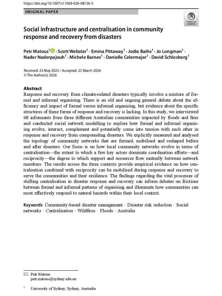 Social infrastructure and centralisation in community response and recovery from disasters thumbnail