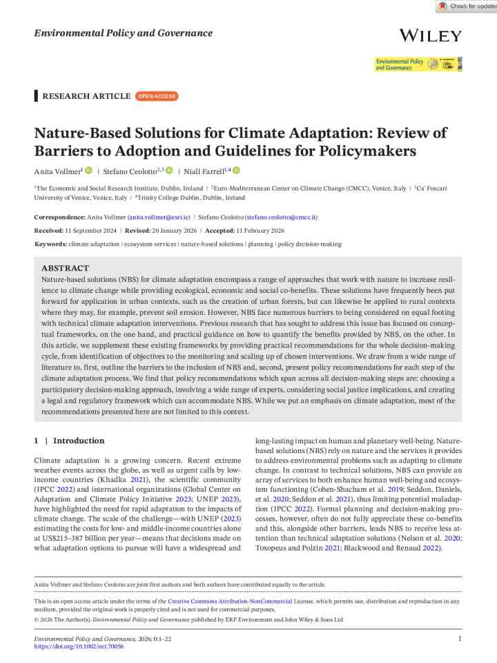 Nature-based solutions for climate adaptation: review of barriers to adoption and guidelines for policymakers thumbnail