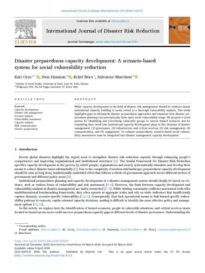 Disaster preparedness capacity development: A scenario-based system for social vulnerability reduction thumbnail