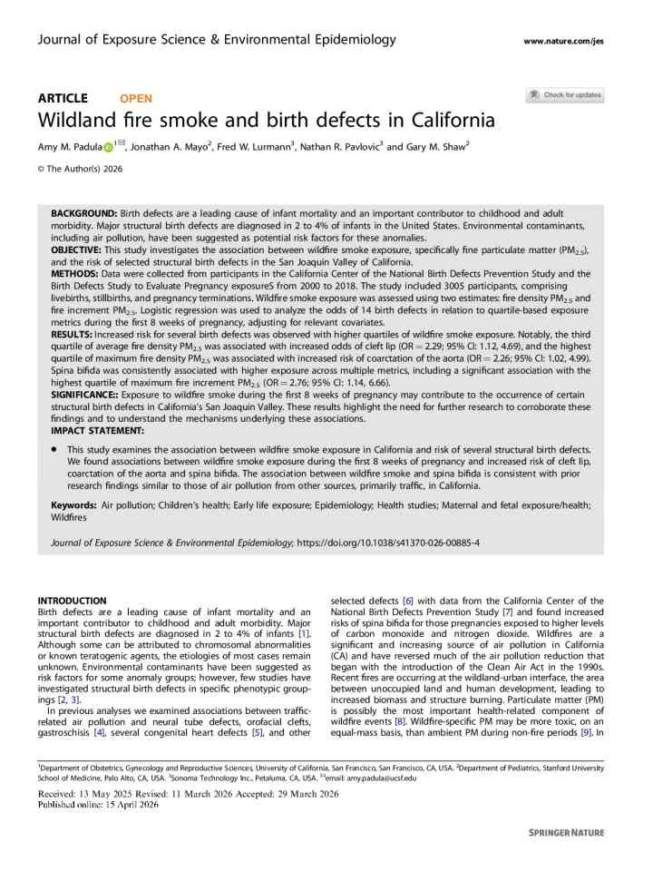 Wildland fire smoke and birth defects in California thumbnail