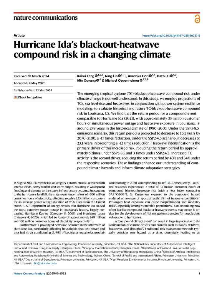 Hurricane Ida’s blackout-heatwave compound risk in a changing climate thumbnail