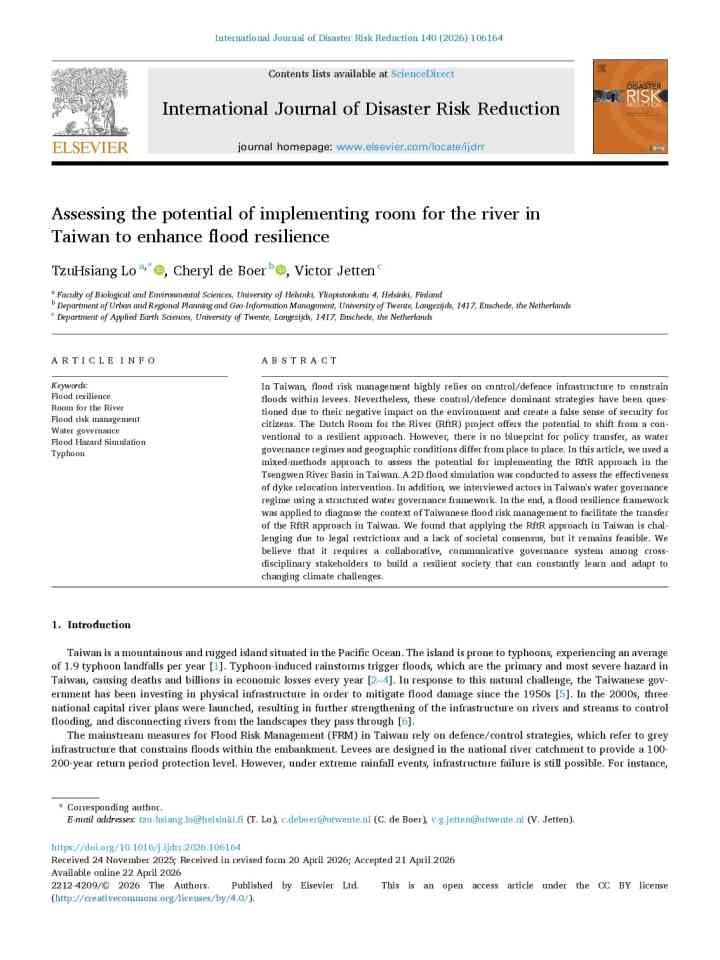 Assessing the potential of implementing room for the river in Taiwan to enhance flood resilience thumbnail