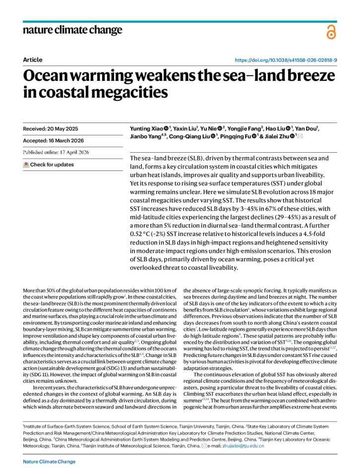  Ocean warming weakens the sea–land breeze in coastal megacities  thumbnail