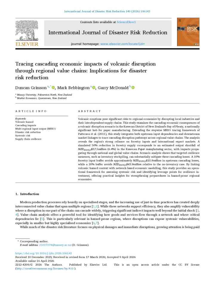 Tracing cascading economic impacts of volcanic disruption through regional value chains: Implications for disaster risk reduction thumbnail