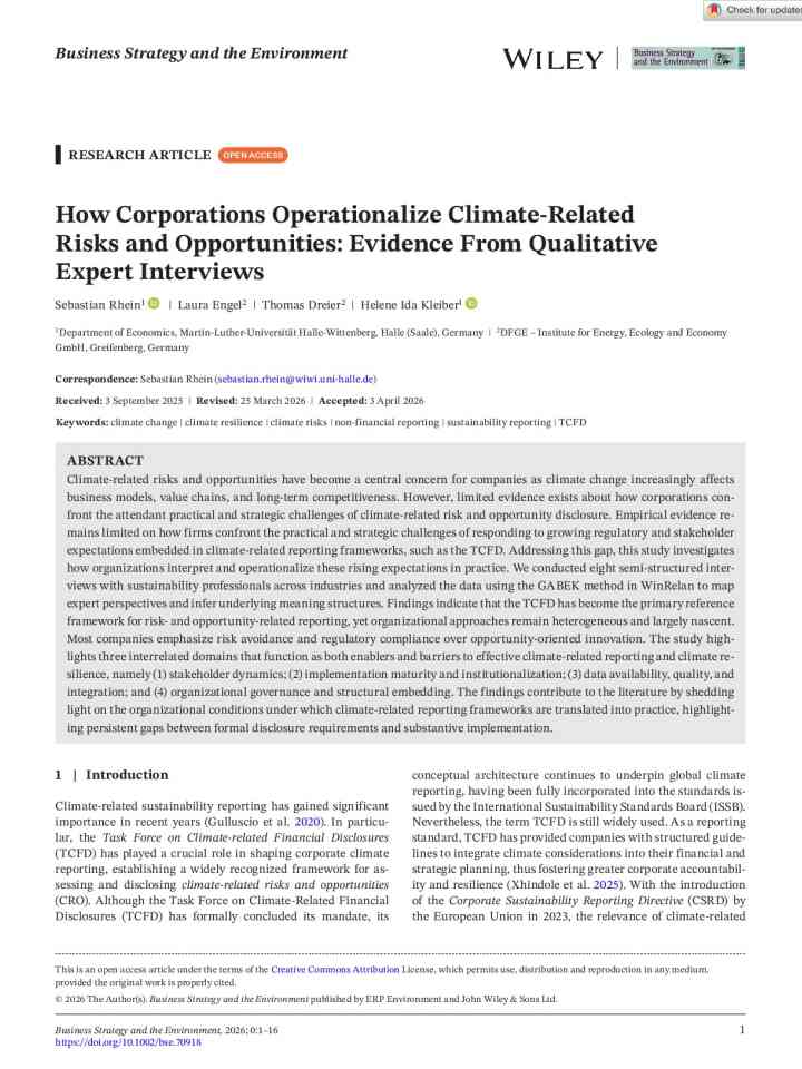 How corporations operationalize climate-related risks and opportunities: Evidence from qualitative expert interviews thumbnail