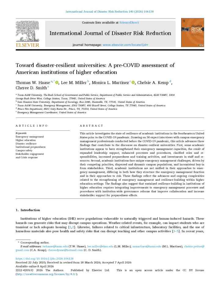 Toward disaster-resilient universities: A pre-COVID assessment of American institutions of higher education thumbnail