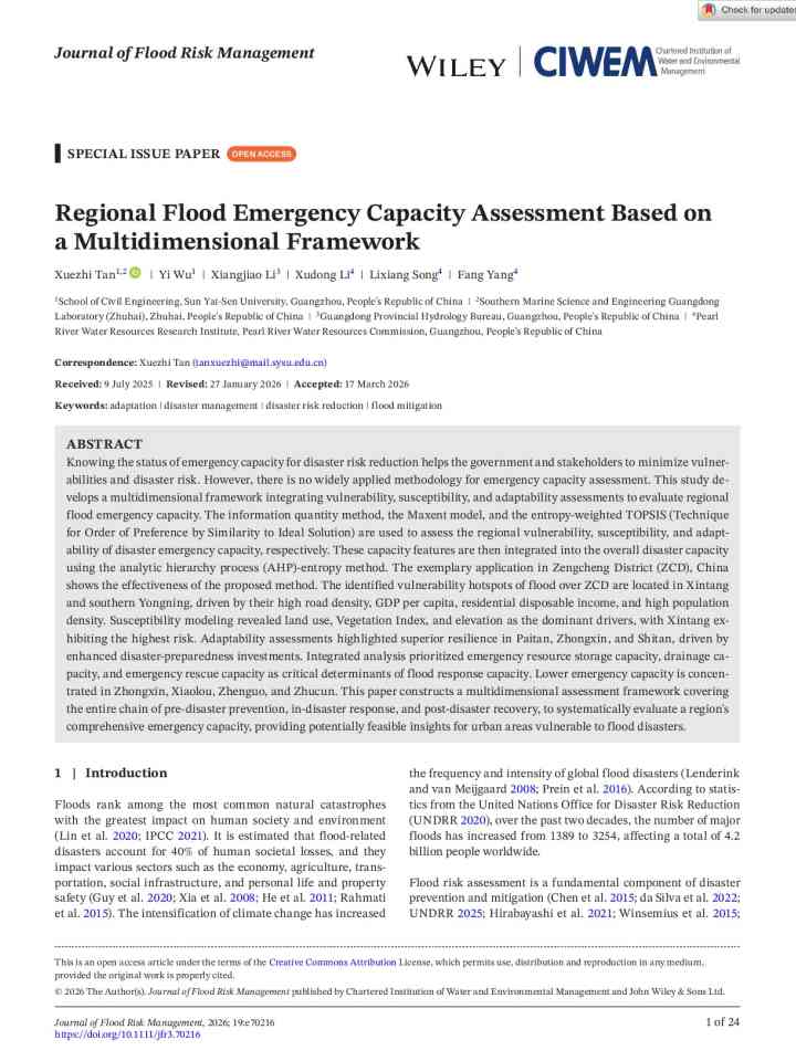 Regional flood emergency capacity assessment based on a multidimensional framework thumbnail