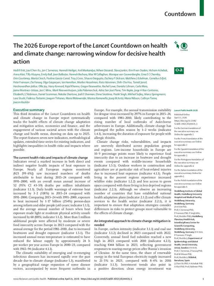 The 2026 Europe report of the Lancet Countdown on health and climate change: narrowing window for decisive health action thumbnail
